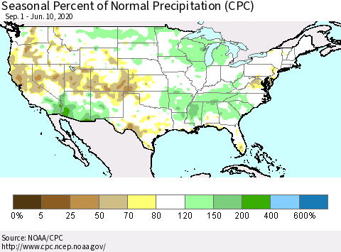 United States Seasonal Percent of Normal Precipitation (CPC) Thematic Map For 9/1/2019 - 6/10/2020
