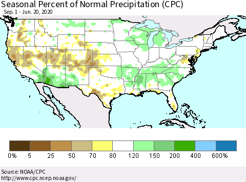 United States Seasonal Percent of Normal Precipitation (CPC) Thematic Map For 9/1/2019 - 6/20/2020