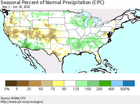 United States Seasonal Percent of Normal Precipitation (CPC) Thematic Map For 9/1/2019 - 6/30/2020