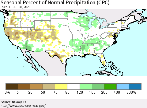 United States Seasonal Percent of Normal Precipitation (CPC) Thematic Map For 9/1/2019 - 7/31/2020