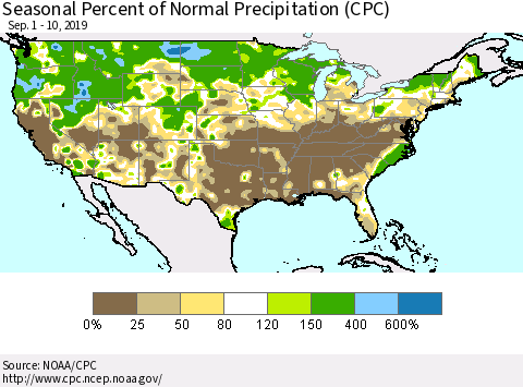 United States Seasonal Percent of Normal Precipitation (CPC) Thematic Map For 9/1/2019 - 9/10/2019