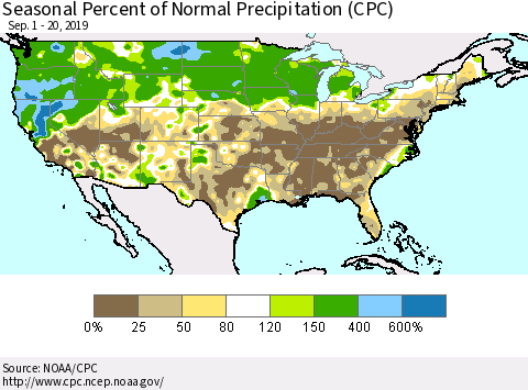 United States Seasonal Percent of Normal Precipitation (CPC) Thematic Map For 9/1/2019 - 9/20/2019