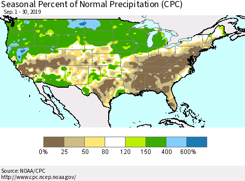 United States Seasonal Percent of Normal Precipitation (CPC) Thematic Map For 9/1/2019 - 9/30/2019