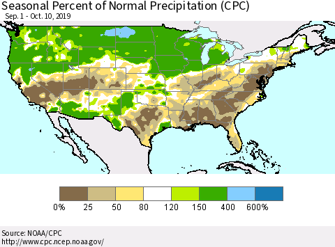 United States Seasonal Percent of Normal Precipitation (CPC) Thematic Map For 9/1/2019 - 10/10/2019