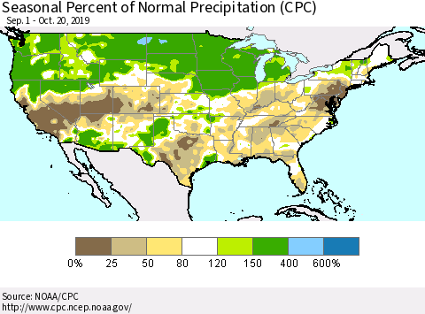 United States Seasonal Percent of Normal Precipitation (CPC) Thematic Map For 9/1/2019 - 10/20/2019