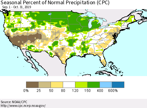 United States Seasonal Percent of Normal Precipitation (CPC) Thematic Map For 9/1/2019 - 10/31/2019