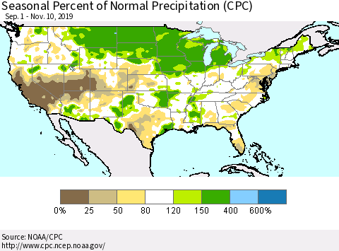 United States Seasonal Percent of Normal Precipitation (CPC) Thematic Map For 9/1/2019 - 11/10/2019