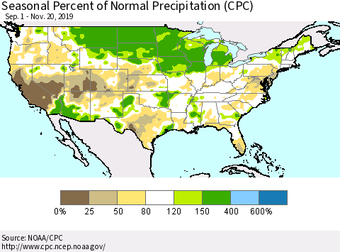 United States Seasonal Percent of Normal Precipitation (CPC) Thematic Map For 9/1/2019 - 11/20/2019