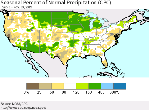 United States Seasonal Percent of Normal Precipitation (CPC) Thematic Map For 9/1/2019 - 11/30/2019