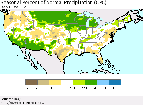 United States Seasonal Percent of Normal Precipitation (CPC) Thematic Map For 9/1/2019 - 12/10/2019