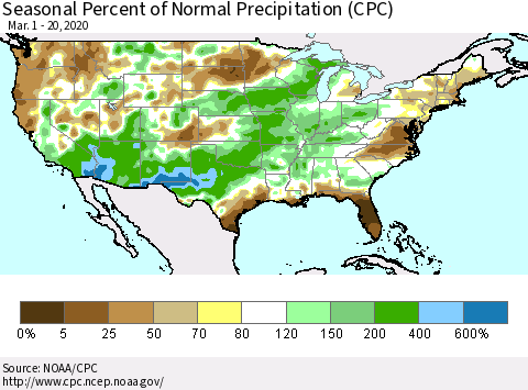 United States Seasonal Percent of Normal Precipitation (CPC) Thematic Map For 3/1/2020 - 3/20/2020
