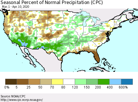 United States Seasonal Percent of Normal Precipitation (CPC) Thematic Map For 3/1/2020 - 4/10/2020