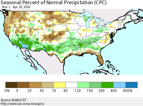 United States Seasonal Percent of Normal Precipitation (CPC) Thematic Map For 3/1/2020 - 4/20/2020