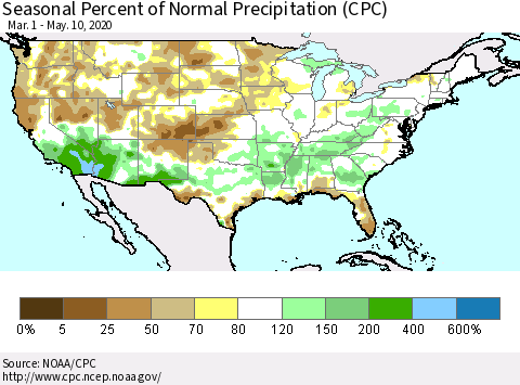 United States Seasonal Percent of Normal Precipitation (CPC) Thematic Map For 3/1/2020 - 5/10/2020