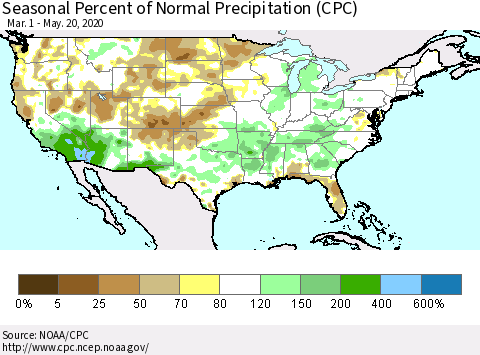 United States Seasonal Percent of Normal Precipitation (CPC) Thematic Map For 3/1/2020 - 5/20/2020