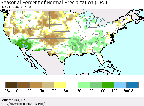 United States Seasonal Percent of Normal Precipitation (CPC) Thematic Map For 3/1/2020 - 6/10/2020