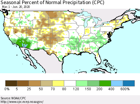 United States Seasonal Percent of Normal Precipitation (CPC) Thematic Map For 3/1/2020 - 6/20/2020