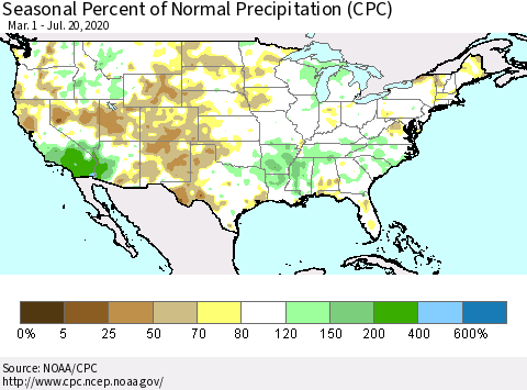 United States Seasonal Percent of Normal Precipitation (CPC) Thematic Map For 3/1/2020 - 7/20/2020