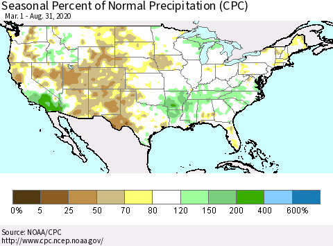 United States Seasonal Percent of Normal Precipitation (CPC) Thematic Map For 3/1/2020 - 8/31/2020