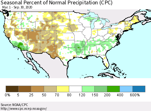 United States Seasonal Percent of Normal Precipitation (CPC) Thematic Map For 3/1/2020 - 9/30/2020