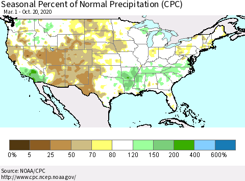 United States Seasonal Percent of Normal Precipitation (CPC) Thematic Map For 3/1/2020 - 10/20/2020