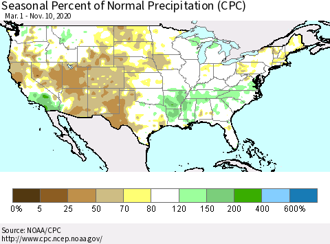United States Seasonal Percent of Normal Precipitation (CPC) Thematic Map For 3/1/2020 - 11/10/2020
