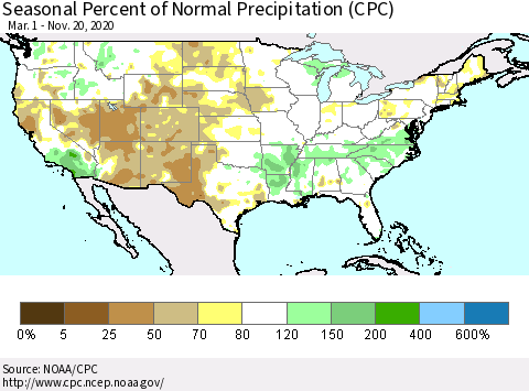 United States Seasonal Percent of Normal Precipitation (CPC) Thematic Map For 3/1/2020 - 11/20/2020