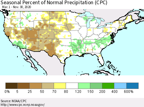 United States Seasonal Percent of Normal Precipitation (CPC) Thematic Map For 3/1/2020 - 11/30/2020