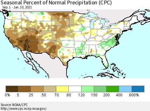United States Seasonal Percent of Normal Precipitation (CPC) Thematic Map For 9/1/2020 - 1/10/2021
