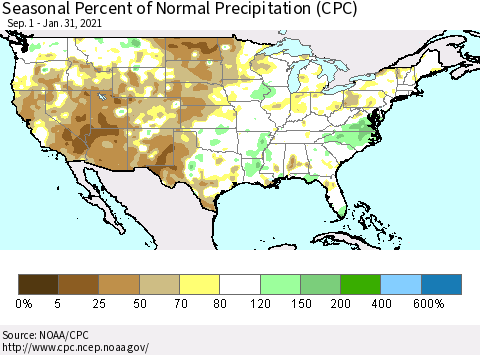 United States Seasonal Percent of Normal Precipitation (CPC) Thematic Map For 9/1/2020 - 1/31/2021