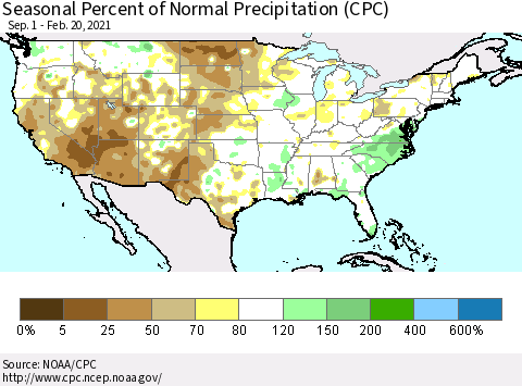 United States Seasonal Percent of Normal Precipitation (CPC) Thematic Map For 9/1/2020 - 2/20/2021