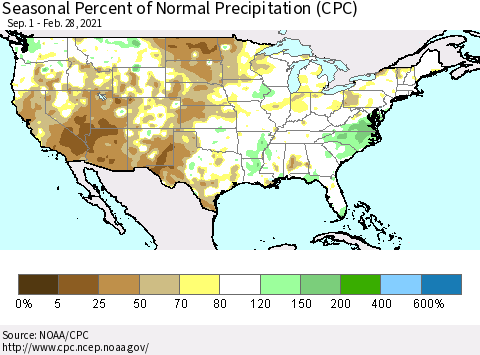 United States Seasonal Percent of Normal Precipitation (CPC) Thematic Map For 9/1/2020 - 2/28/2021