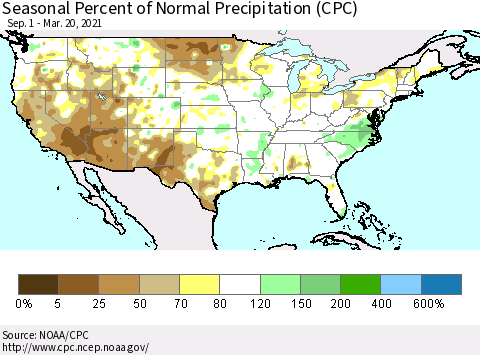 United States Seasonal Percent of Normal Precipitation (CPC) Thematic Map For 9/1/2020 - 3/20/2021