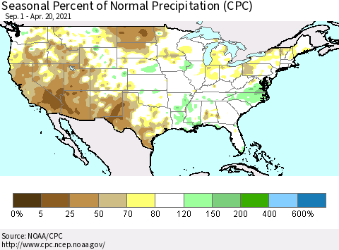 United States Seasonal Percent of Normal Precipitation (CPC) Thematic Map For 9/1/2020 - 4/20/2021