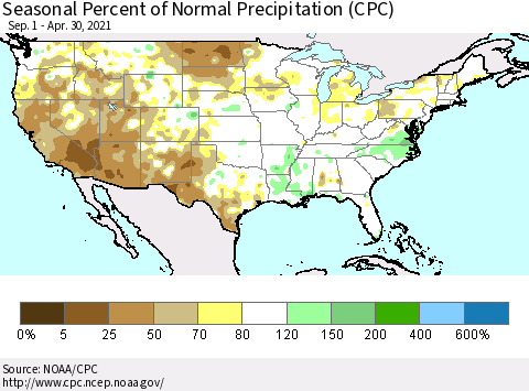 United States Seasonal Percent of Normal Precipitation (CPC) Thematic Map For 9/1/2020 - 4/30/2021