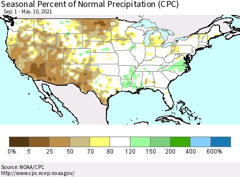 United States Seasonal Percent of Normal Precipitation (CPC) Thematic Map For 9/1/2020 - 5/10/2021