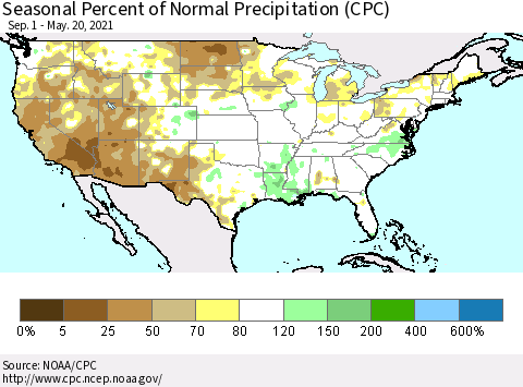 United States Seasonal Percent of Normal Precipitation (CPC) Thematic Map For 9/1/2020 - 5/20/2021