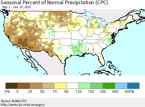 United States Seasonal Percent of Normal Precipitation (CPC) Thematic Map For 9/1/2020 - 6/10/2021