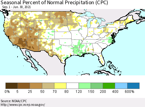 United States Seasonal Percent of Normal Precipitation (CPC) Thematic Map For 9/1/2020 - 6/30/2021