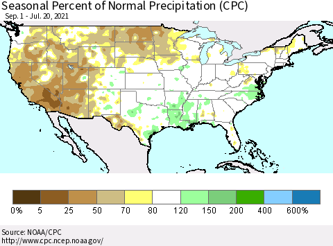 United States Seasonal Percent of Normal Precipitation (CPC) Thematic Map For 9/1/2020 - 7/20/2021