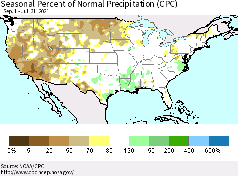 United States Seasonal Percent of Normal Precipitation (CPC) Thematic Map For 9/1/2020 - 7/31/2021