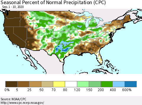 United States Seasonal Percent of Normal Precipitation (CPC) Thematic Map For 9/1/2020 - 9/10/2020