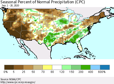United States Seasonal Percent of Normal Precipitation (CPC) Thematic Map For 9/1/2020 - 9/20/2020