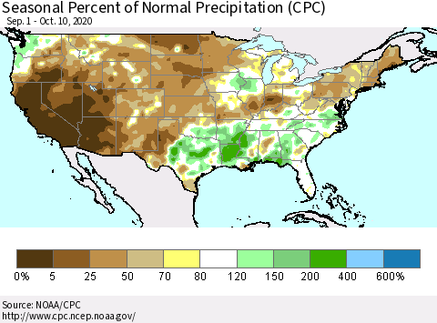 United States Seasonal Percent of Normal Precipitation (CPC) Thematic Map For 9/1/2020 - 10/10/2020