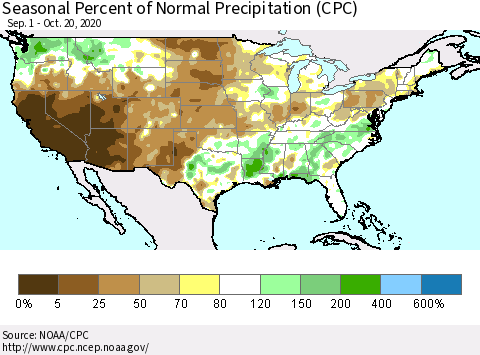 United States Seasonal Percent of Normal Precipitation (CPC) Thematic Map For 9/1/2020 - 10/20/2020