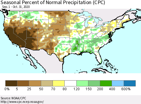 United States Seasonal Percent of Normal Precipitation (CPC) Thematic Map For 9/1/2020 - 10/31/2020