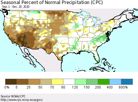 United States Seasonal Percent of Normal Precipitation (CPC) Thematic Map For 9/1/2020 - 12/20/2020
