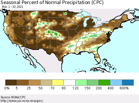United States Seasonal Percent of Normal Precipitation (CPC) Thematic Map For 3/1/2021 - 3/10/2021