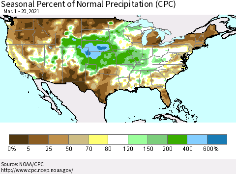 United States Seasonal Percent of Normal Precipitation (CPC) Thematic Map For 3/1/2021 - 3/20/2021