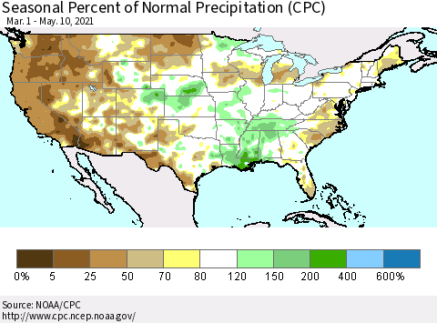 United States Seasonal Percent of Normal Precipitation (CPC) Thematic Map For 3/1/2021 - 5/10/2021